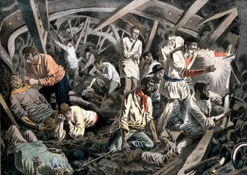 Kolgruvarbetare fångade under jorden av ett takfall, Courrieres Mines, Pas-de-Calais, Frankrike, 1906