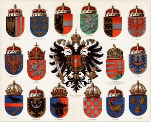 Vapensköldar för länen i Österrike-Ungern och Österrikes lilla riksvapen, cirka 1907.