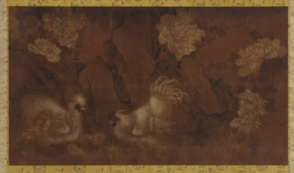 Tupp, höna och kycklingar nära pionbuskar, Qingdynastin, 1700-talet.