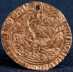 Mynt Korabelnik av tsar Ivan III, omvänd: linjal på sitt skepp, 1471-1490