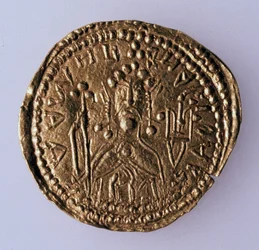 Mynt Zlatnik av storhertig Vladimir Svyatoslavich Averse: Porträtt av härskaren, 980-1015