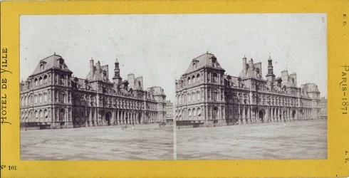 Paris kommun (1871): utsikt över rådhuset. Anonym fotografering. Tryck på kartong Dim. 17x7 cm