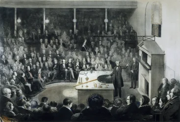 Föreläsning av fysikern Michael Faraday (1791-1867) framför Royal Institution i London den 27 december 1855 i närvaro av prins Albert av Saxe Cobourg Gotha (Saxe-Cobourg-Gotha)
