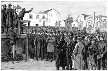 Konstabulär som bevakar en regeringsreporter vid ett plan för kampanjmöte, Irland, 1887