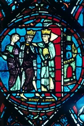 Konstantin hälsar Karl den Store i Konstantinopel, målat glas, Chartres katedral, Frankrike, c1225
