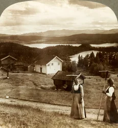 Lanttjejer i hötid - över sjöarna Bolkesjo och Folsjö till Himingenbergen, Norge, c1905.