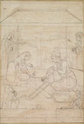 Par som spelar Chaupar på en terrass, ca. 1790-1800.