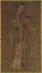 Kurtisaner med fläkt och flöjt, Qingdynastin, 1600-1700-tal.