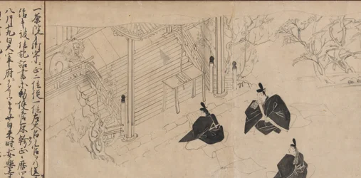 Hovmän besöker Sugawara no Michizanes bårhustempel..., ca. 1300.