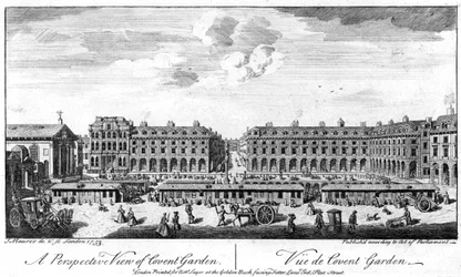 Covent Garden, London, visar stånd i mitten av torget, 1753