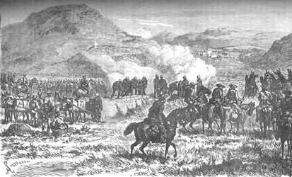 Täcker reträtten för det femtioåttonde regementet efter slaget vid Laings Nek, c1880