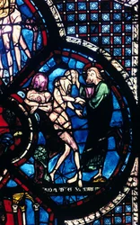 Evas skapelse, målat glas, Chartres katedral, Frankrike, 1205-1215