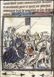 Korsfarare och saracenska strider under det tredje korståget Från Chroniques de France ou de St Denis, efter 1380