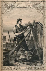 Crusoe gör ett litet tält med ett segel, c1870