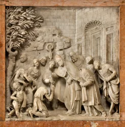 Crypt, Ark of Saints Marcellino och Peter Exorcist, Lorenzo Trotti, Fångvaktaren Artemios omvandling, katedralen Santa Maria Assunta, katedralen, Cremona, Lombardiet, Italien (foto)