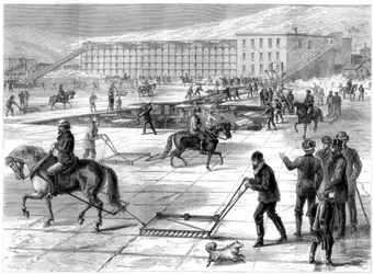 Skärning och lagring av is på Hudsonfloden, New York, USA, 1875