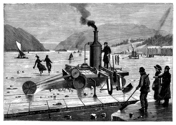 Att skära is på floden St Lawrence, Kanada, med en ångdriven såg, 1894