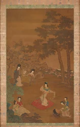 Dansare och musiker i en trädgård, Qingdynastin, 1700-talet.