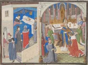 Amalrik I av Jerusalems död. Balduin IV:s kröning. Miniatyr ur Historia av Vilhelm av Tyrus, 1460-talet