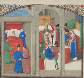 Balduin IV:s död. Guy av Lusignans kröning. Miniatyr ur Historia av Vilhelm av Tyrus, 1460-talet