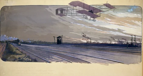Början av flyget: Louis Paulhan (1884-1963) passerar över ett järnvägsspår ombord på sitt biplan under det 300 km långa London/Manchester raklinjeloppet den 27 och 28 april 1910