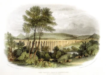 Dee Viaduct, Vale of Llangollen, på Shrewsbury, Wales och Chester Railway c1848