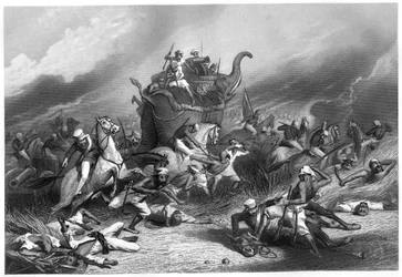 Peishwas armés nederlag före Jhansi av general Rose, 1 april 1858, c1860