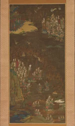 Descent and Return of Amida till Western Paradise med en troendes själ Gosho mandara, c1300.
