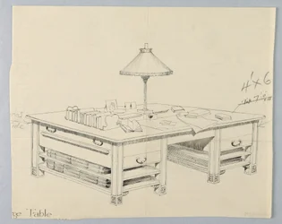 Design för massivt biblioteksförvaringsbord med två öppna bårhyllor på vardera sidan, 1900–05