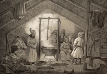 Interiören i en bondgård i Finnmark. Illustration hämtad från boken Norge producerad i Drawings av Asbjørnsen, P.Chr. och utgiven av Chr. Tønsberg (nr, 1848) Söndagsklädda samer i ett vardagsrum. «Trästugor (...) förekommer endast undantagsvis vid Sölapper