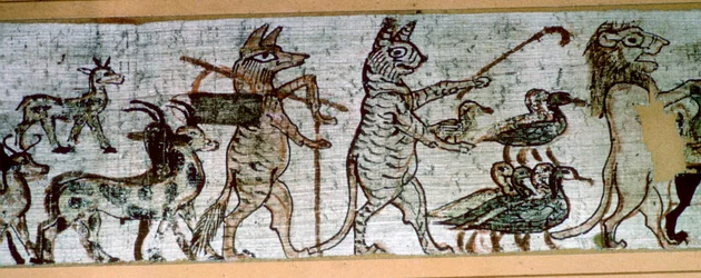 Detalj från den egyptiska "satiriska papyrusen" av en räv som spelar på pipor och ledande getter, och en katt