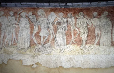 Detalj av en fresk föreställande dansen makaber, nd. Kyrkan Saint Robert i La Chaise Dieu (Chaise-Dieu, Haute Loire).