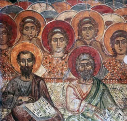 Detalj av en fresk av Saints in Paradise, 1200-talet