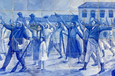 Detalj av en mosaik som visar Cachoeira-folk som hejar på prins Pedro, som ledde Brasilien till självständighet, Cachoeira, Brasilien