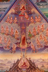 Detalj av en väggmålning i Uposatha (helgedomshallen) i Buddhapadipa-templet, Wimbledon, Grande-Bretagne