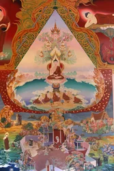 Detalj av en väggmålning i Uposatha (helgedomshallen) i Buddhapadipa-templet, Wimbledon, Grande-Bretagne