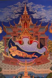 Detalj av en väggmålning i Uposatha (helgedomshallen) i Buddhapadipa-templet, Wimbledon, Grande-Bretagne