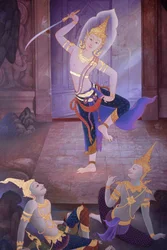 Detalj av en väggmålning i Uposatha (helgedomshallen) i Buddhapadipa-templet, Wimbledon, Grande-Bretagne