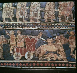 Detalj av standarden Ur, som visar en sumerisk krigsvagn, södra Irak, ca 2600-2400 f.Kr.