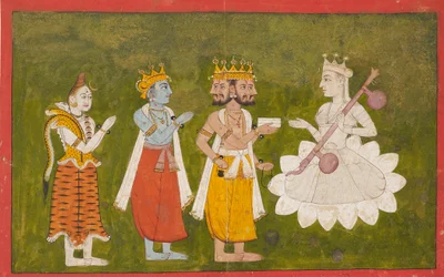Devi vördad av Brahma, Vishnu och Shiva, c1710