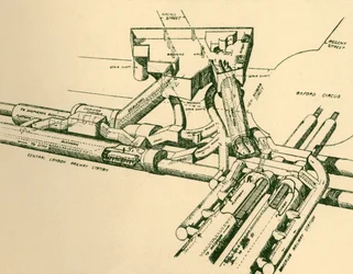 Diagram över den nya tunnelbanestationen vid Oxford Circus, 1930.