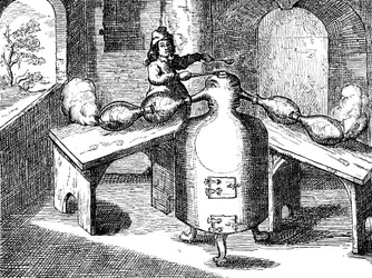 Destillation av salpetersyra Aqua fortis eller avskiljningssyra i en järnman med två näsor, 1689