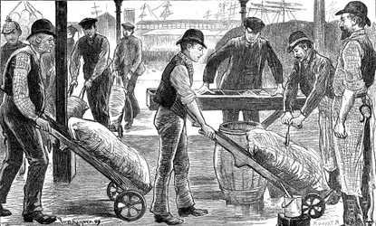 Hamnarbetare som lossar socker vid West India Docks, London, 1889