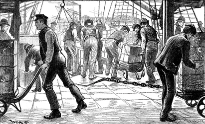 Hamnarbetare som lossar te i London Docks, 1889