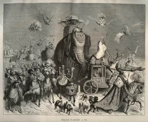 Åsnskinn: carrossus och brudkortege. Gravyr av Gustave Dore (1832-1883) från "" Les contes"" av Charles Perrault (1628-1703)