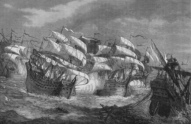 Drake attackerar det spanska skattskeppet, c1578, c1880