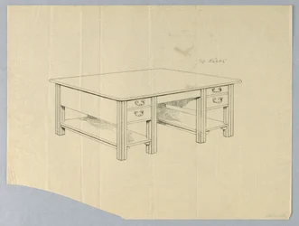 Ritning, design för massivt biblioteksbord med fyrkantiga räfflade ben och öppna bårhyllor