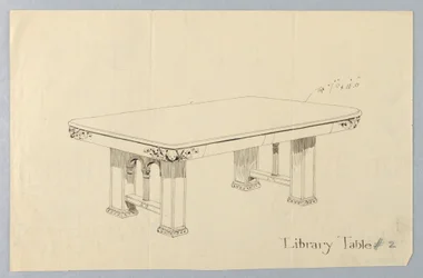 Ritning, design för rektangulärt biblioteksbord #2 med Putti -ansikten ristade på vart och ett av rundade hörn