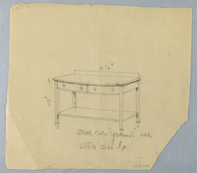 Ritning, design för serveringsbord med två lådor och konvex front, 1900-05