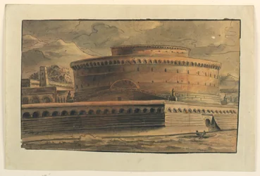 Ritning, scendesign, exteriör av cirkulär byggnad, tidigt 1800 -tal